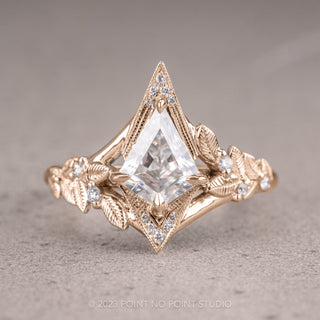1.07 Carat Kite Moissanite Engagement Ring, Thistle Setting, 14k Rose Gold