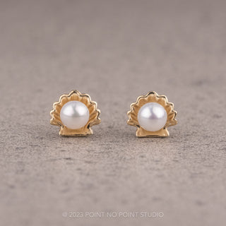 Ariel White Seed Pearl Shell Studs, 14k Yellow Gold Earrings