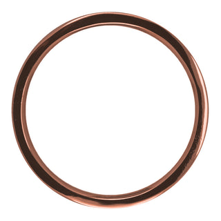 Artistic angled perspective of a 2mm wide x 1.7mm thick, 14k rose gold wedding band featuring a polished finish
