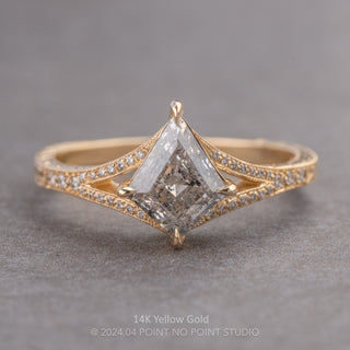 1.17 Carat Canadian Salt and Pepper Kite Diamond Engagement Ring, Engraved River Setting, Point No Point Studio. Available in a variety of metal types. Eco-friendly, Recycled Metals, Conflict Free.