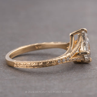 1.42 Carat Canadian Salt and Pepper Kite Diamond Engagement Ring, Engraved River Setting, 14k Yellow Gold