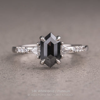 1.26 Carat Black Hexagon Diamond Engagement Ring, Eliza Setting, Point No Point Studio. Available in a variety of metal types. Eco-friendly, Recycled Metals, Conflict Free.