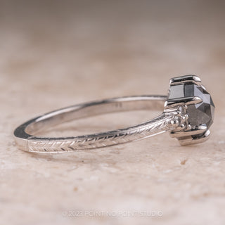 1.41 Carat Black Speckled Hexagon Engagement Ring, Engraved Quinn Setting, 14K White Gold