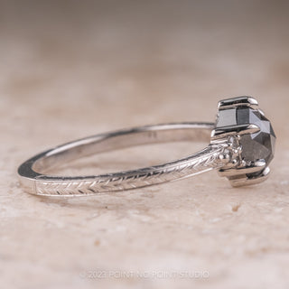 1.13 Carat Black Speckled Hexagon Engagement Ring, Engraved Quinn Setting, Platinum