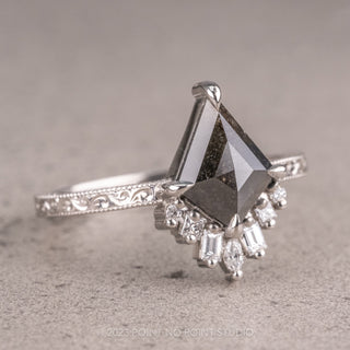 2.28 Carat Black Speckled Kite Diamond Engagement Ring, Engraved Wren Setting, Platinum