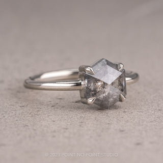 1.49 Carat Salt and Pepper Hexagon Diamond Engagement Ring, Jane Setting, 14K White Gold