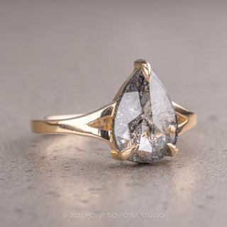 1.89 Carat Salt and Pepper Pear Diamond Engagement Ring, Split Shank Jane Setting, 14K Yellow Gold