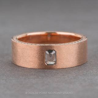 Salt and Pepper Emerald Diamond Mens Engraved Edges Wedding Band, 14K Rose Gold