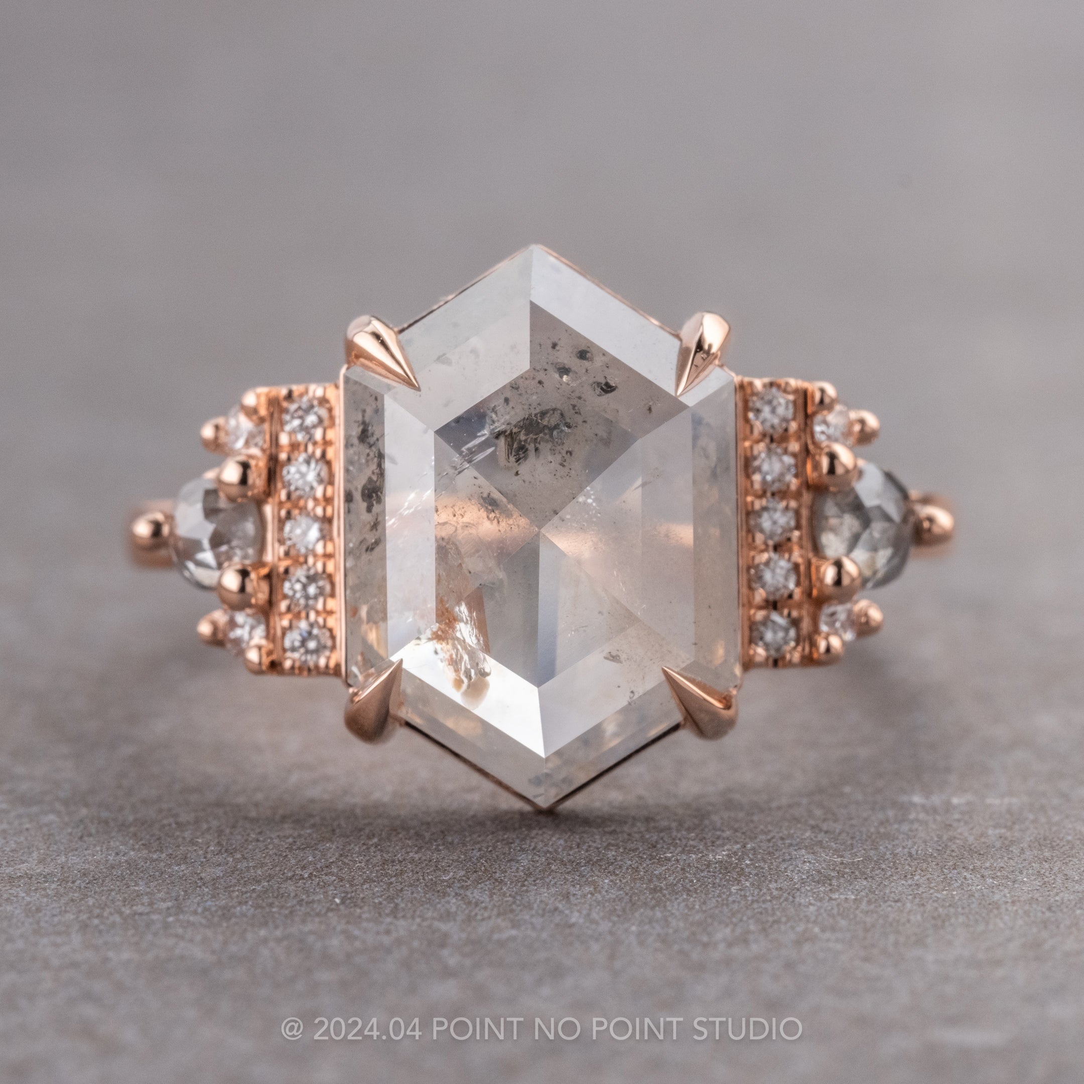 Carat Icy Grey Hexagon Diamond Engagement Ring, Eleanor Setting, 14K Rose Gold