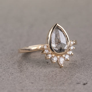 1.18 Carat Salt and Pepper Pear Diamond Engagement Ring, Ava Bezel Setting, 14K Yellow Gold