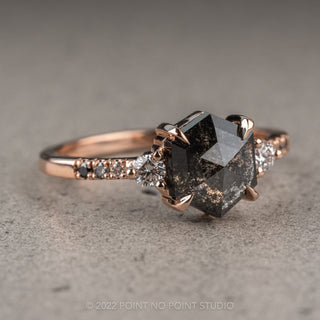 1.62 Carat Black Speckled Hexagon Diamond Engagement Ring, Ombre Eliza Setting, 14K Rose Gold