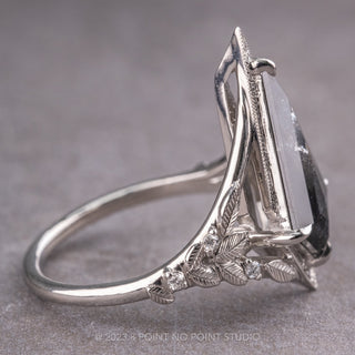 1.92 Carat Black Speckled Kite Diamond Engagement Ring, Leaf Arwen Setting, Platinum