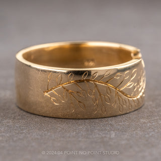 Engraved Single Diamond Ellipse Setting Wedding Ring, 14k Yellow Gold, Polished Finish