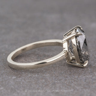 3.79 Carat Black Speckled Oval Diamond Engagement Ring, Basket Jane Setting, 14k White Gold