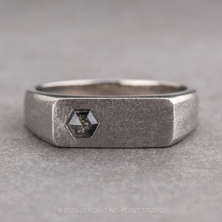 Men's Signet Style Hexagon Diamond Wedding Ring, 14K White Gold