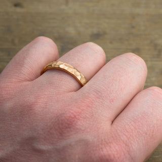 4mm 14k Peach Gold Mens Wedding Band, Hammered Matte
