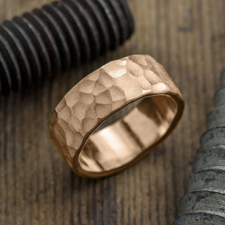 8mm 14k Peach Gold Mens Wedding Band, Hammered Matte