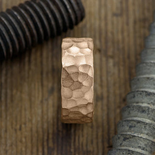 8mm 14k Peach Gold Mens Wedding Band, Hammered Matte