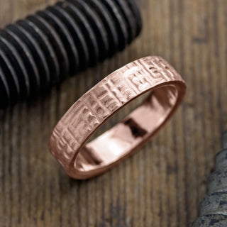 14k Rose Gold Mens Wedding Band, 6mm width, with a unique textured matte finish