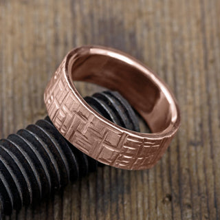 Intricate detail of the Textured 14k Rose Gold, 8mm Men's Wedding Band in Matte Finish