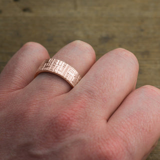 Full view of 14k Rose Gold 8mm Men's Wedding Ring highlighting the Textured Design