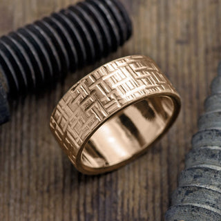 10mm 14k Peach Gold Mens Wedding Band, Textured Matte