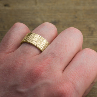 10mm 14k Yellow Gold Mens Wedding Band, detailed close-up on the Textured Matte finish