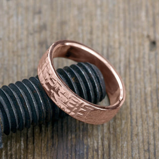 Side angle view highlighting the 6mm width of the 14k rose gold wedding band for men