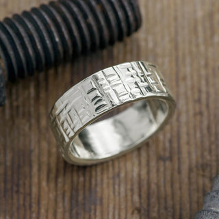 8mm 14k White Gold Textured Mens Wedding Band, featuring high polish and intricate design
