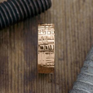 8mm 14k Peach Gold Mens Wedding Band, Textured Polished
