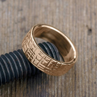 8mm 14k Peach Gold Mens Wedding Band, Textured Polished