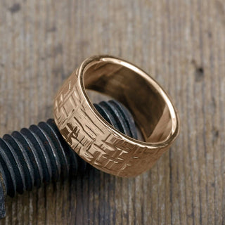 10mm 14k Peach Gold Mens Wedding Band, Textured Polished