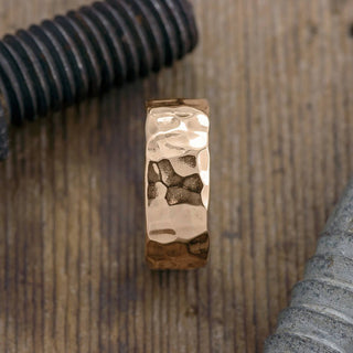 8mm 14k Peach Gold Mens Wedding Band, Hammered Polished