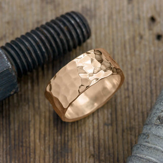 10mm 14k Peach Gold Mens Wedding Band, Hammered Polished
