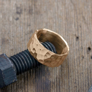 10mm 14k Peach Gold Mens Wedding Band, Hammered Polished