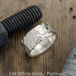 10mm Mens Wedding Band, Hammered Polished