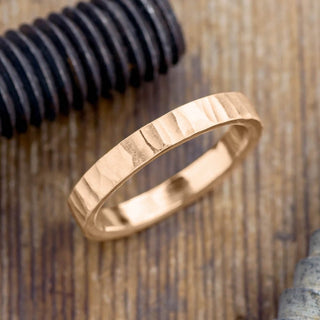 4mm 14k Peach Gold Mens Wedding Band, Wood Grain Matte
