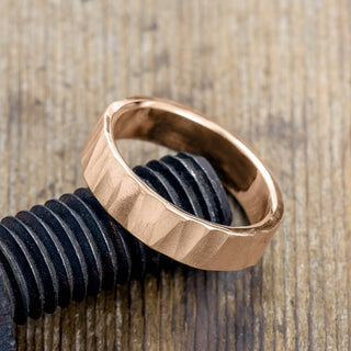 6mm 14k Peach Gold Mens Wedding Band, Wood Grain Matte