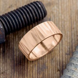 10mm 14k Peach Gold Mens Wedding Band, Wood Grain Matte