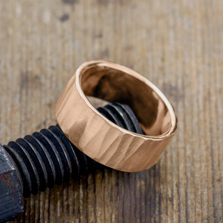 10mm 14k Peach Gold Mens Wedding Band, Wood Grain Matte