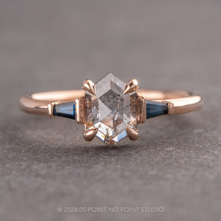 1.64 Carat Icy Salt and Pepper Hexagon Diamond Engagement Ring, Zoe Setting, Point No Point Studio. Available in a variety of metal types. Eco-friendly, Recycled Metals, Conflict Free.
