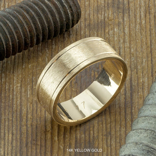8mm Gold Mens Wedding Band, Double Channel Matte, Comfort Fit