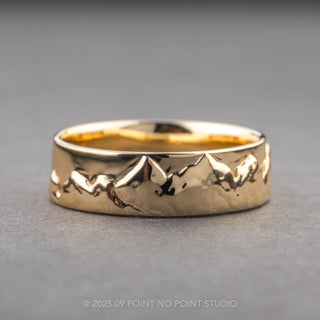 7mm Mountain Mens Wedding Ring with Hidden Diamond, 14k Yellow Gold