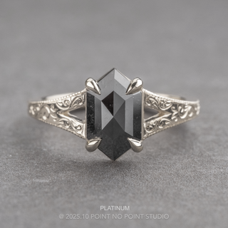 1.41 Carat Black Hexagon Diamond Engagement Ring, Engraved Split Shank Jane
