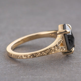1.41 Carat Black Hexagon Diamond Engagement Ring, Engraved Split Shank Jane, 14K Yellow Gold