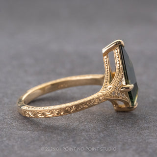 2.34 Carat Green Kite Sapphire and Diamond Engagement Ring, Engraved Aela Setting