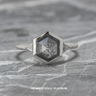 1.47 Carat Black Salt and Pepper Hexagon Diamond Engagement Ring, Bezel Zoe Setting, Point No Point Studio. Available in a variety of metal types. Eco-friendly, Recycled Metals, Conflict Free.