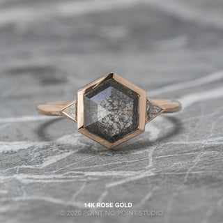 1.47 Carat Black Salt and Pepper Hexagon Diamond Engagement Ring, Bezel Zoe Setting, Point No Point Studio. Available in a variety of metal types. Eco-friendly, Recycled Metals, Conflict Free.