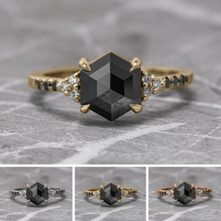 1.75 Carat Black Hexagon Diamond Engagement Ring, Black and White Quincy Setting