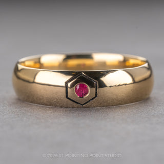 Hexagon Outlined Ruby Half Round Mens Wedding Band, Comfort Fit